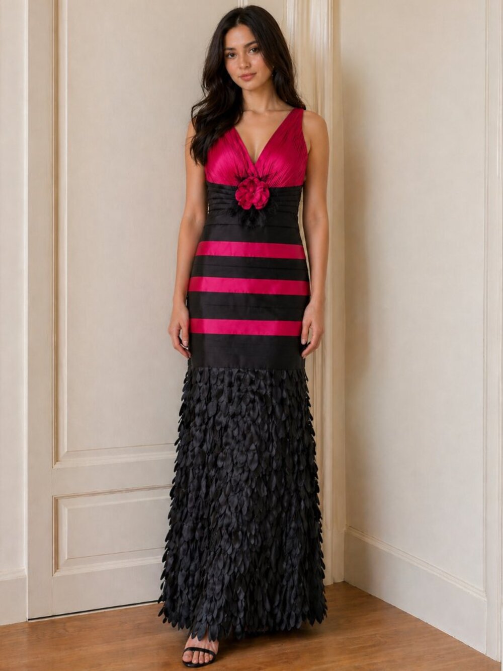 Sonia Pena Black/Fuchsia Formal Gown | V-Neck Evening Wedding Guest Dress